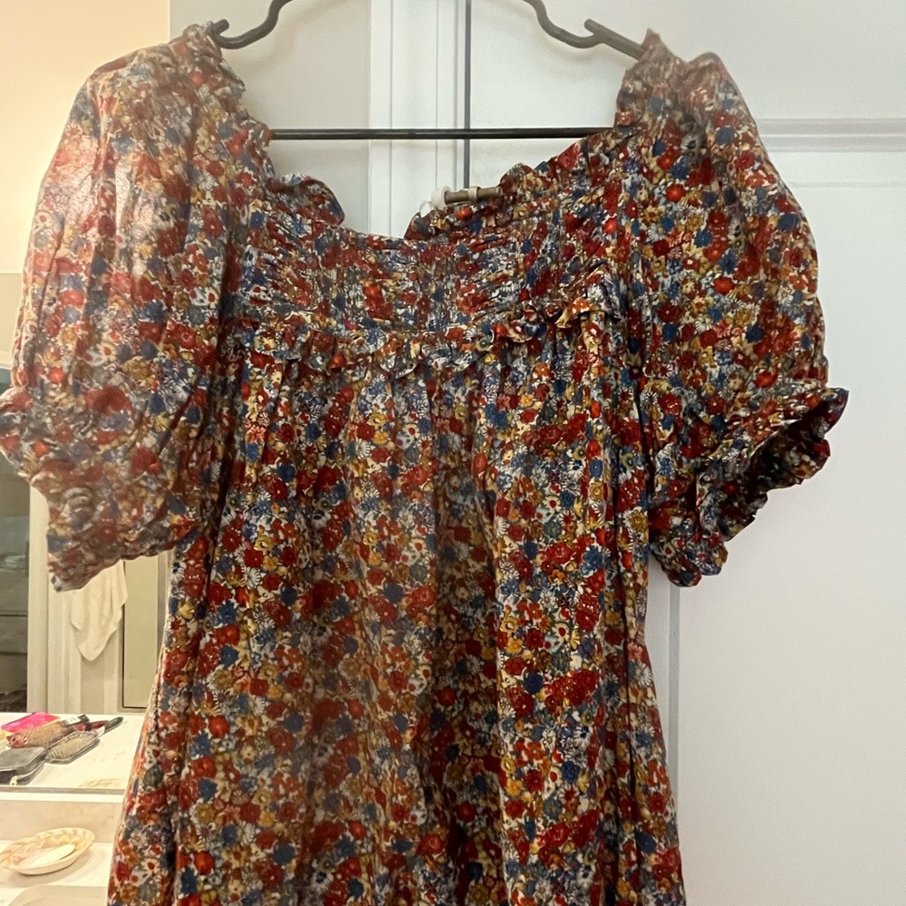 Doen Red and Blue Puff Sleeve Smocked Blouse